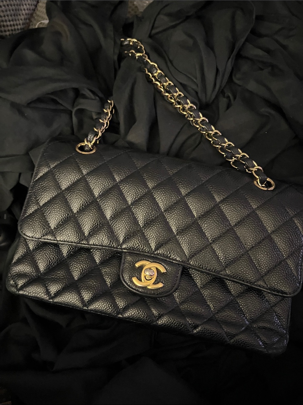 CHANEL Black Quilted Shoulder Bag with Gold Hardware